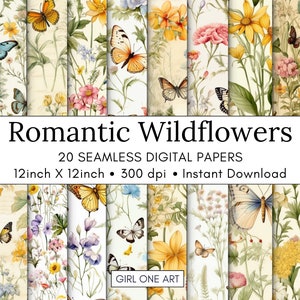 20 Romantic Wildflowers Printable Paper Seamless Shabby Chic Digital Download Floral Scrapbook Flower Junk Journal Butterflies Paper JPG