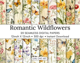 Romantic Wildflowers Printable Paper Seamless Shabby Chic Digital Floral Scrapbook Flower Junk Journal Butterflies Papers JPG Ephemera
