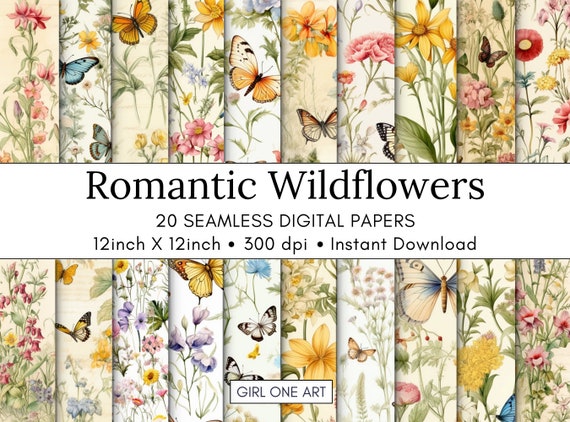 Wildflower Butterflies Digital Paper: Shabby Chic Scrapbook, Junk Journal (JPG, PDF Download)