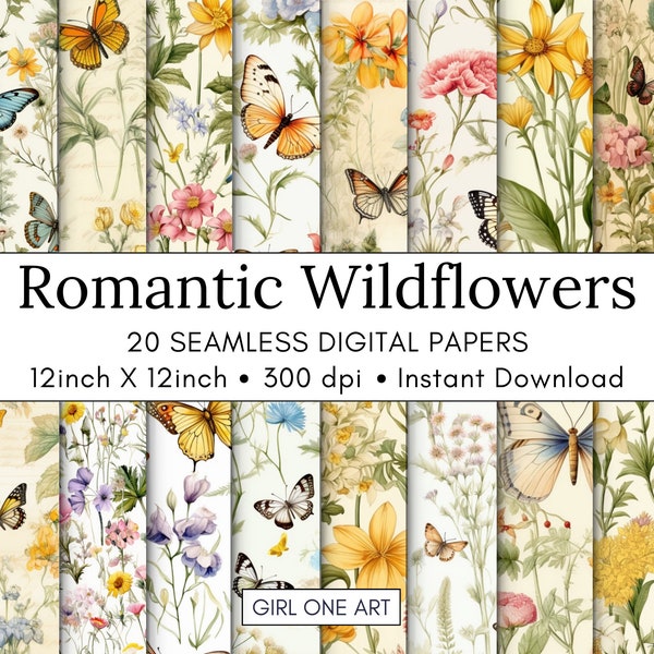 20 Romantic Wildflowers Printable Paper Seamless Shabby Chic Digital Download Floral Scrapbook Flower Junk Journal Butterflies Paper JPG