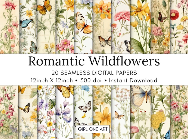May include: A set of 20 digital papers featuring watercolor illustrations of wildflowers and butterflies. The papers are 12 inches by 12 inches and 300 dpi. The text "Romantic Wildflowers" is at the top of the image.