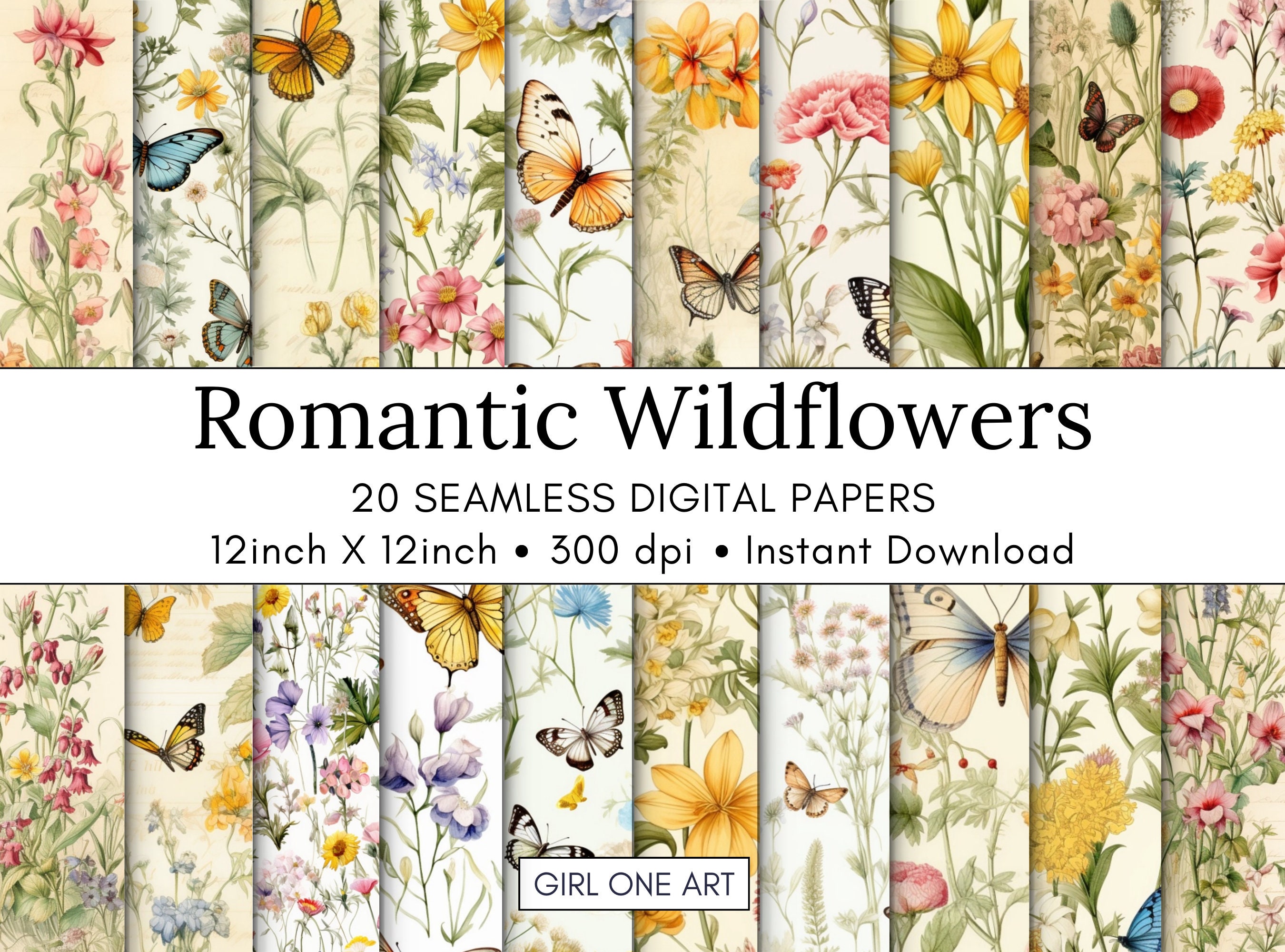 Romantic Wildflowers Printable Paper Seamless Shabby Chic Digital Floral Scrapbook Flower Junk Journal Butterflies Papers JPG Ephemera