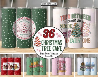May include: A set of 36 Christmas tree cake tumbler wraps. The wraps feature various designs with Christmas trees, sprinkles, and text like "Farm Fresh", "Torn Between", "Tis the Season", and "Snowflakes and Tree Cakes".