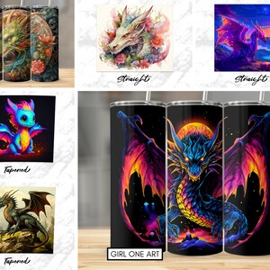 May include: Three different designs for a stainless steel tumbler featuring colorful dragon illustrations. The designs include a dragon with floral accents, a dragon with a sunset background, and a dragon with a galaxy background. The tumblers are tapered and have a straw opening.