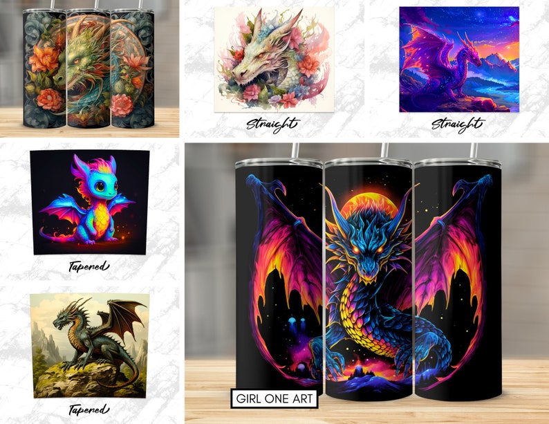 May include: Three different designs for a stainless steel tumbler featuring colorful dragon illustrations. The designs include a dragon with floral accents, a dragon with a sunset background, and a dragon with a galaxy background. The tumblers are tapered and have a straw opening.