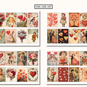 Puede incluir: Una hoja de collage digital con 18 im&aacute;genes vintage de San Valent&iacute;n. Las im&aacute;genes presentan corazones, flores, p&aacute;jaros, animales y parejas. Las im&aacute;genes est&aacute;n en una variedad de colores, incluyendo rojo, rosa, blanco y azul.