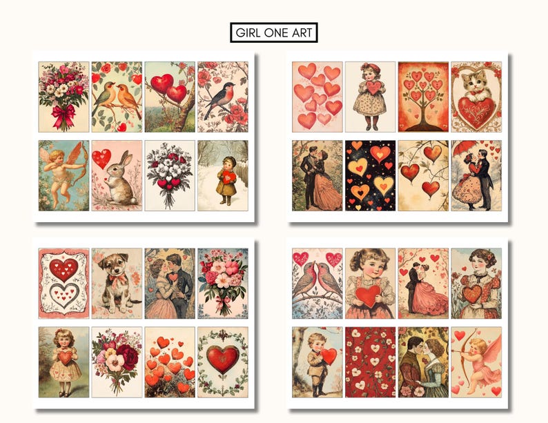 Puede incluir: Una hoja de collage digital con 18 im&aacute;genes vintage de San Valent&iacute;n. Las im&aacute;genes presentan corazones, flores, p&aacute;jaros, animales y parejas. Las im&aacute;genes est&aacute;n en una variedad de colores, incluyendo rojo, rosa, blanco y azul.