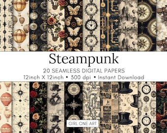 May include: A set of 20 digital papers featuring a steampunk theme. The papers are 12 inches by 12 inches and 300 dpi. The papers feature various steampunk elements, such as gears, clocks, butterflies, and airships. The papers are perfect for scrapbooking, card making, and other crafting projects.
