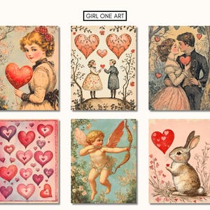Puede incluir: Un conjunto de seis tarjetas vintage de San Valent&iacute;n con ilustraciones de corazones, una pareja bes&aacute;ndose, un cupido con una flecha, un conejo sosteniendo un coraz&oacute;n y una ni&ntilde;a sosteniendo un globo en forma de coraz&oacute;n.