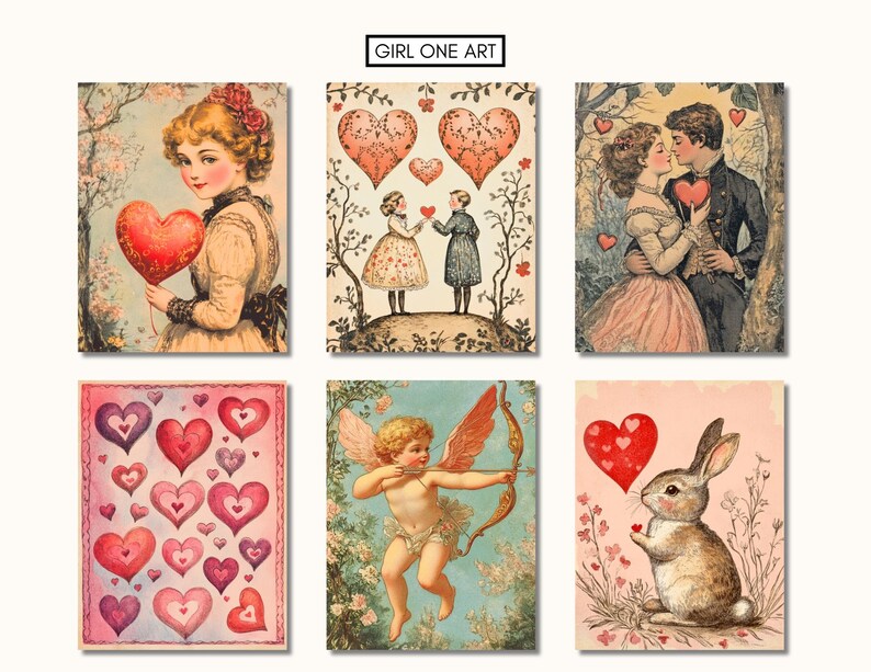 Puede incluir: Un conjunto de seis tarjetas vintage de San Valent&iacute;n con ilustraciones de corazones, una pareja bes&aacute;ndose, un cupido con una flecha, un conejo sosteniendo un coraz&oacute;n y una ni&ntilde;a sosteniendo un globo en forma de coraz&oacute;n.