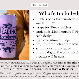 May include: A purple and pink tumbler wrap with the text "Reading is dreaming with your eyes open". The wrap is designed for a 20 ounce tumbler and is available as a digital download.
