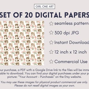 May include: Set of 20 digital papers featuring a seamless pattern of kittens and flowers. The papers are 12 inches by 12 inches, 300 dpi JPGs, and are available for instant download. Commercial use is permitted.