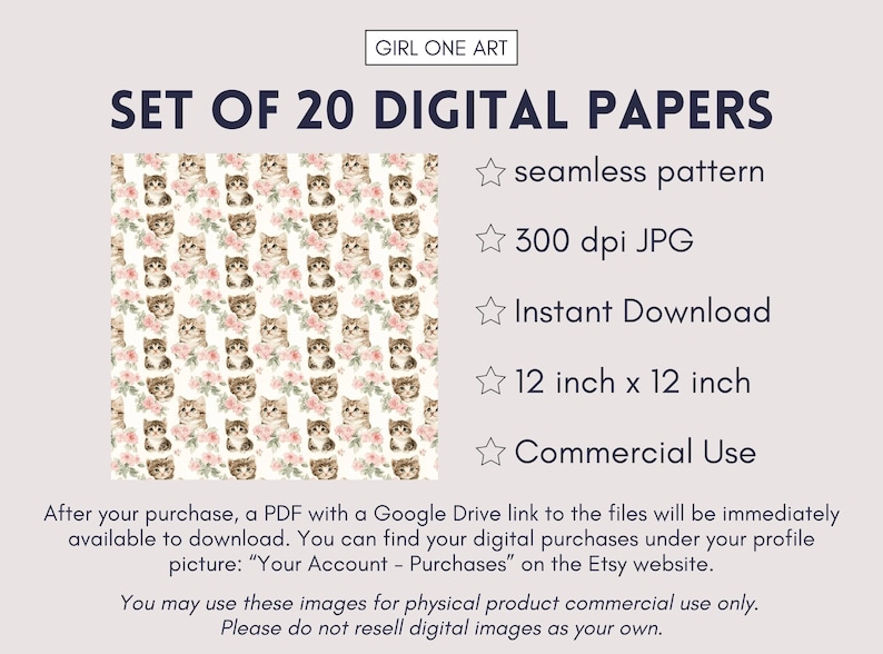 May include: Set of 20 digital papers featuring a seamless pattern of kittens and flowers. The papers are 12 inches by 12 inches, 300 dpi JPGs, and are available for instant download. Commercial use is permitted.