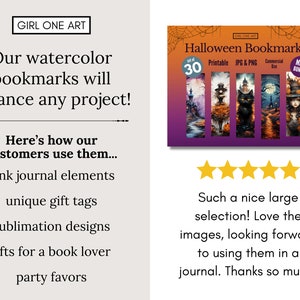 May include: A set of 30 printable Halloween bookmarks featuring watercolor illustrations of spooky scenes, including a witch, a black cat, and a haunted house. The bookmarks are part of a mega bundle and are suitable for commercial use.