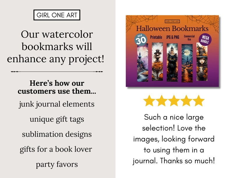 May include: A set of 30 printable Halloween bookmarks featuring watercolor illustrations of spooky scenes, including a witch, a black cat, and a haunted house. The bookmarks are part of a mega bundle and are suitable for commercial use.
