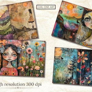 May include: A collection of four mixed media art prints. The artwork features whimsical portraits of girls, landscapes with trees, and colorful floral arrangements. The prints have a textured, layered appearance with the text "GIRL ONE ART" and "high resolution 300 dpi".