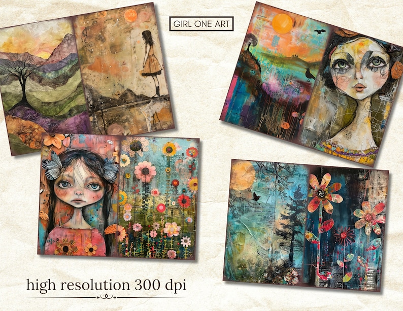 May include: A collection of four mixed media art prints. The artwork features whimsical portraits of girls, landscapes with trees, and colorful floral arrangements. The prints have a textured, layered appearance with the text "GIRL ONE ART" and "high resolution 300 dpi".