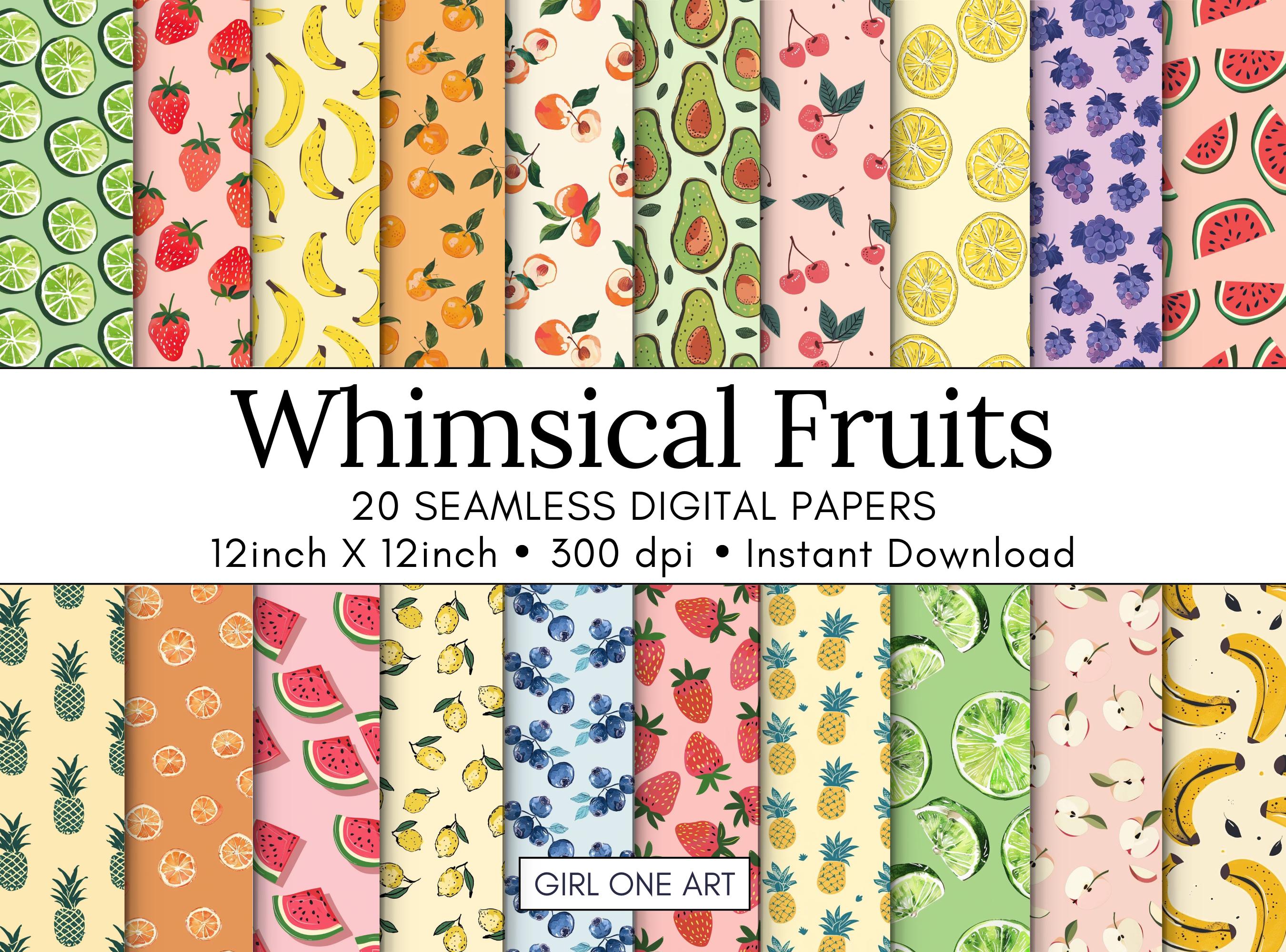Whimsical Fruits Seamless Paper Bundle Digital Preppy Beachy Planner Kawaii Peach Cherry Pineapple Strawberry Watermelon Citrus Pattern