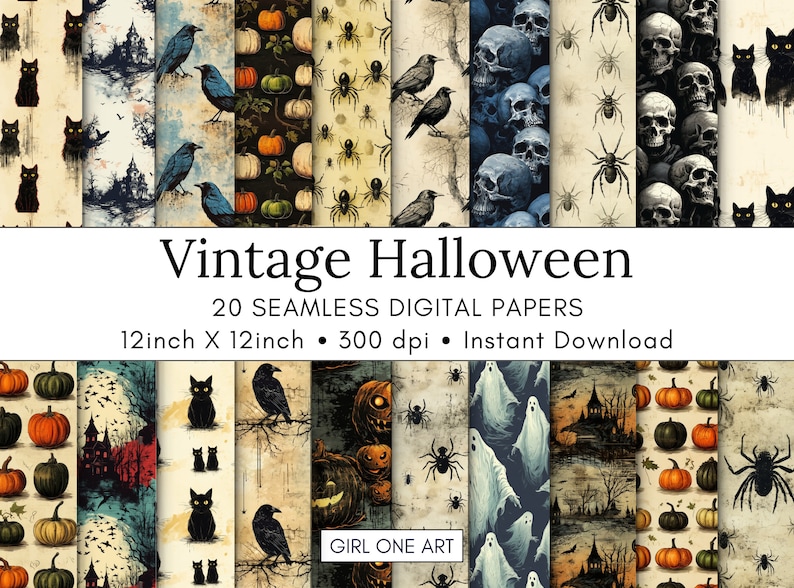 Vintage Halloween Digital Papers Seamless Commercial Use Instant Download Junk Journal Party Invitations Sublimation Wall Art Cricut Design image 1