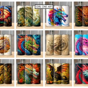 May include: Set of 12 sublimation designs featuring colorful dragons with different backgrounds. The designs are perfect for creating custom tumblers, mugs, or other personalized items.