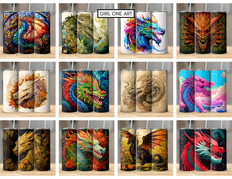 May include: Set of 12 sublimation designs featuring colorful dragons with different backgrounds. The designs are perfect for creating custom tumblers, mugs, or other personalized items.