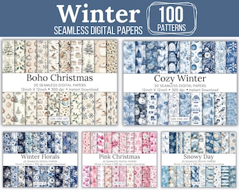 May include: A digital paper pack featuring 100 winter-themed patterns. The pack includes four sets of 20 digital papers each: Boho Christmas, Cozy Winter, Winter Florals, and Pink Christmas. Each paper is 30.5 cm by 30.5 cm and 300 dpi.