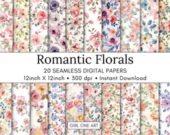 20 Romantic Florals Printable Paper Seamless Shabby Chic Digital Download Vintage Scrapbook Paper Flower Junk Journal JPG Collage Sheet