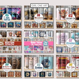 May include: A collage of nine images showcasing different tumbler wrap designs. Each image features a variety of designs, including sea turtles, western scenes, highland cows, Christian themes, zodiac signs, and Aztec southwest patterns. The images are arranged in a grid format, with each image labeled with a number and a brief description of the design theme.