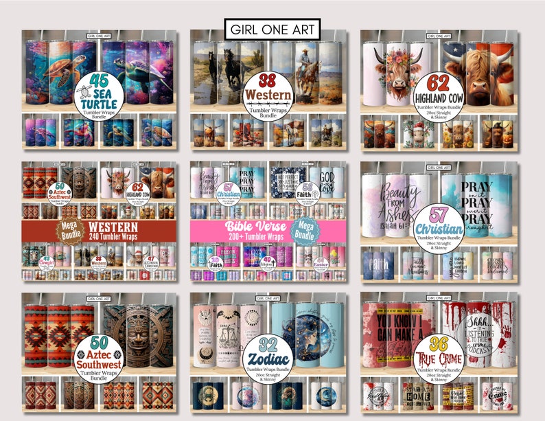 May include: A collage of nine images showcasing different tumbler wrap designs. Each image features a variety of designs, including sea turtles, western scenes, highland cows, Christian themes, zodiac signs, and Aztec southwest patterns. The images are arranged in a grid format, with each image labeled with a number and a brief description of the design theme.