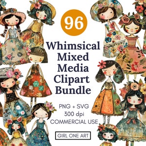Skurriles Mixed Media Clipart-Set PNG SVG Sublimation Art House Hippie Whimsy Girls Floral Chic Papierpuppen Digital Junk Journal Ephemera