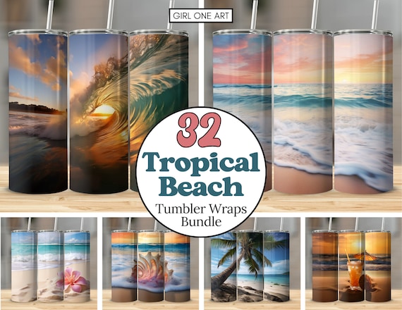 Tropical Beach Tumbler Wrap Bundle 20oz Skinny Straight Ocean Tumbler PNG Summer Sunset Sublimation Sea Design Seashell Digital Download