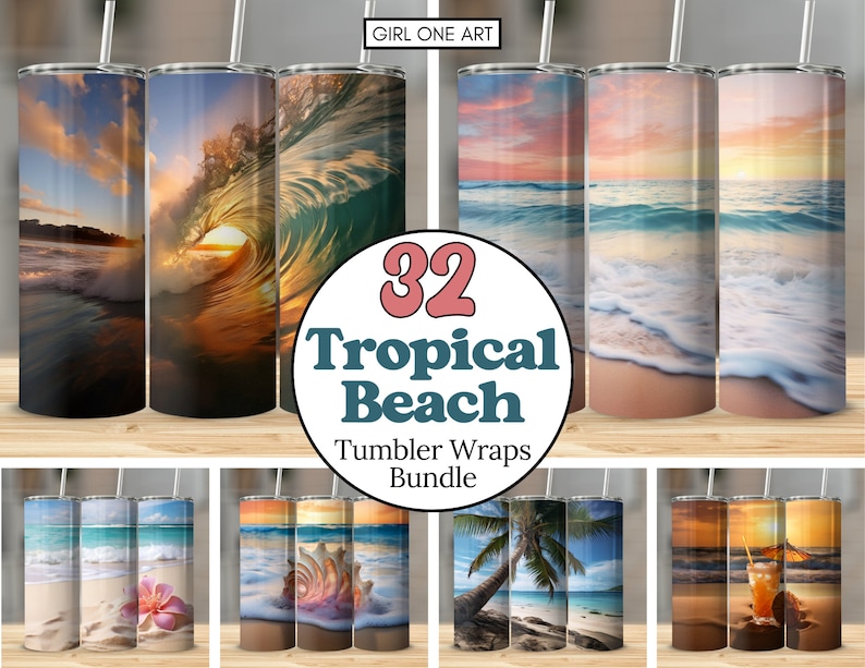 May include: A set of 32 tropical beach themed tumbler wraps. The wraps feature images of ocean waves, sunsets, palm trees, seashells, and cocktails. The text "32 Tropical Beach Tumbler Wraps Bundle" is displayed in the center of the image.
