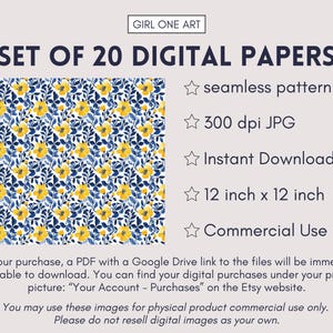 May include: A set of 20 digital papers featuring a seamless pattern of yellow flowers and blue leaves on a white background. The papers are 12 inches by 12 inches, 300 dpi JPGs, and are available for instant download. They are for commercial use.