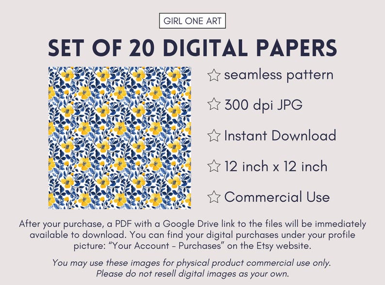 May include: A set of 20 digital papers featuring a seamless pattern of yellow flowers and blue leaves on a white background. The papers are 12 inches by 12 inches, 300 dpi JPGs, and are available for instant download. They are for commercial use.