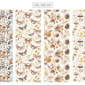 K&ouml;nnte beinhalten: Vier rechteckige Muster mit herbstlichen Themen. Eines zeigt orangefarbene Blumen und Zweige, ein anderes Flederm&auml;use, ein drittes Tannenzapfen und Blumen und das letzte Pilze. Der Text "GIRL ONE ART" steht oben.