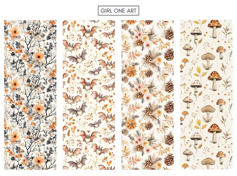 K&ouml;nnte beinhalten: Vier rechteckige Muster mit herbstlichen Themen. Eines zeigt orangefarbene Blumen und Zweige, ein anderes Flederm&auml;use, ein drittes Tannenzapfen und Blumen und das letzte Pilze. Der Text "GIRL ONE ART" steht oben.