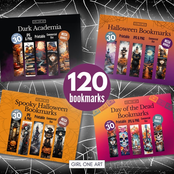 120 Printable Bookmarks Super Bundle Halloween Day of the Dead Spooky Witches Downloadable PNG JPG Commercial Use Sublimation Party Favors