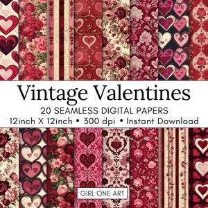 May include: A collection of 20 seamless digital papers with a vintage Valentine's Day theme. The papers feature various patterns, including hearts, floral designs, and stripes, in shades of red and pink. Each paper is 12 inches by 12 inches.