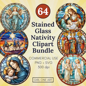 Vidrieras Natividad Clipart Set PNG SVG Uso Comercial Diseño Digital Invitación Fiesta de Navidad Adornos Bíblicos Clip Art Sublimación