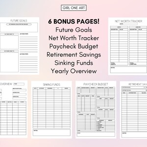 May include: Six printable pages for tracking finances, including future goals, net worth, paycheck budget, retirement savings, sinking funds, and a yearly overview.