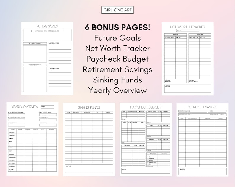 May include: Six printable pages for tracking finances, including future goals, net worth, paycheck budget, retirement savings, sinking funds, and a yearly overview.