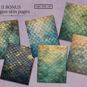 May include: Eleven bonus dragon skin pages with a blue, green, and brown watercolor pattern. The pattern resembles scales.
