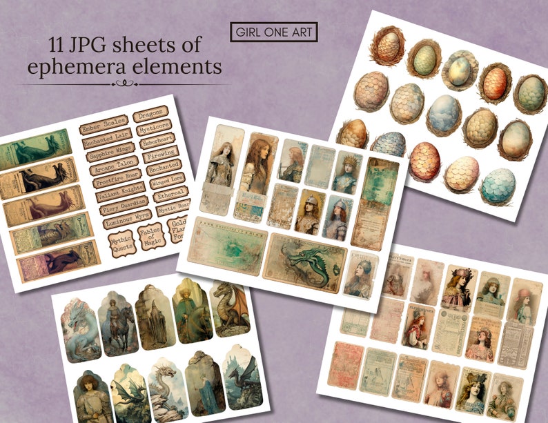 May include: Eleven digital paper sheets of vintage style ephemera elements featuring dragons, mythical creatures, and women in medieval attire. The sheets are in a collage style with a variety of colors and textures.