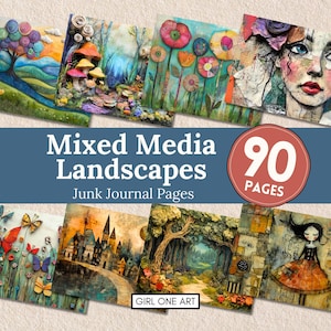 Paisagens de mídia mista Páginas de diário de lixo Digital JPG Hippie caprichoso Papel Floresta Floral Colorido Colagem Folhas Kit Fundos para impressão