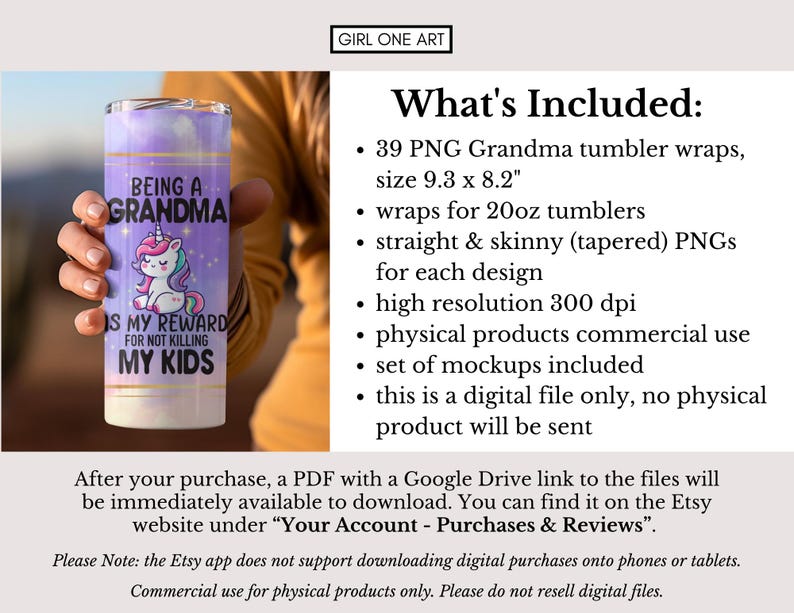 May include: A digital download of 39 PNG files for creating custom tumbler wraps. The design features a unicorn with the text "Being a Grandma is my reward for not killing my kids". The wraps are sized 9.3 inches by 8.2 inches and are designed for 20 ounce tumblers.