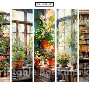May include: Four printable bookmarks featuring watercolor illustrations of a sunlit greenhouse with plants, books, and a window. The text "GIRL ONE ART" appears at the top of the image.