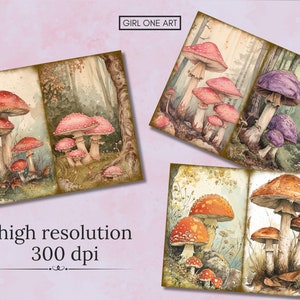 May include: Four digital collage sheets featuring watercolor illustrations of mushrooms in a forest setting. The mushrooms are various colors, including red, pink, purple, and orange. The background is a soft green and brown.