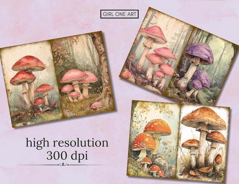 May include: Four digital collage sheets featuring watercolor illustrations of mushrooms in a forest setting. The mushrooms are various colors, including red, pink, purple, and orange. The background is a soft green and brown.
