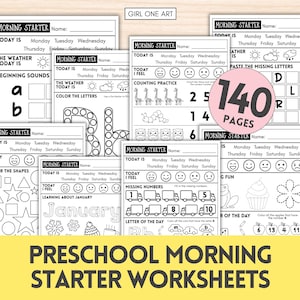 以下が含まれることがあります： 140枚の印刷可能な幼稚園の朝の準備ワークシートのセット。ワークシートには、塗り絵、数え、文字認識など、さまざまなアクティビティが掲載されています。ワークシートは、子供が幼稚園に必要な基本的なスキルを身につけるのに役立つように設計されています。