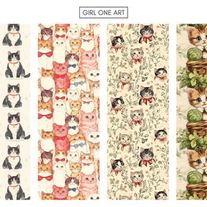 May include: Four different patterns featuring cats. The first pattern is a repeating pattern of black and white cats with red collars. The second pattern is a repeating pattern of cats with different colored fur and bow ties. The third pattern is a repeating pattern of cats with different colored fur and bow ties on a background with vines and flowers. The fourth pattern is a repeating pattern of orange and white cats holding balls of yarn in baskets.